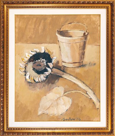 Secchio e girasole, olio su tela