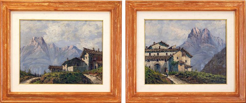 Leonardo Cominotto - Paesaggi di montagna, due olii su tavola