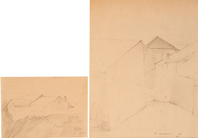 Romano Ocri - Romano Ocori, Case (lotto di due disegni a matita su carta), 1964