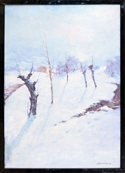 Paesaggio innevato, olio su tavola