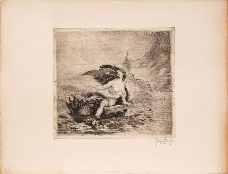 Mariano Fortuny Madrazo - Sirena y monstruo marino (acquaforte)