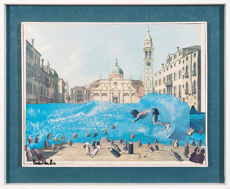Ludovico Deluigi - Onda con gigante, stampa offset e collage su tela (1977)