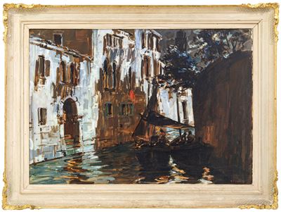 Canale veneziano con barche, olio su tela