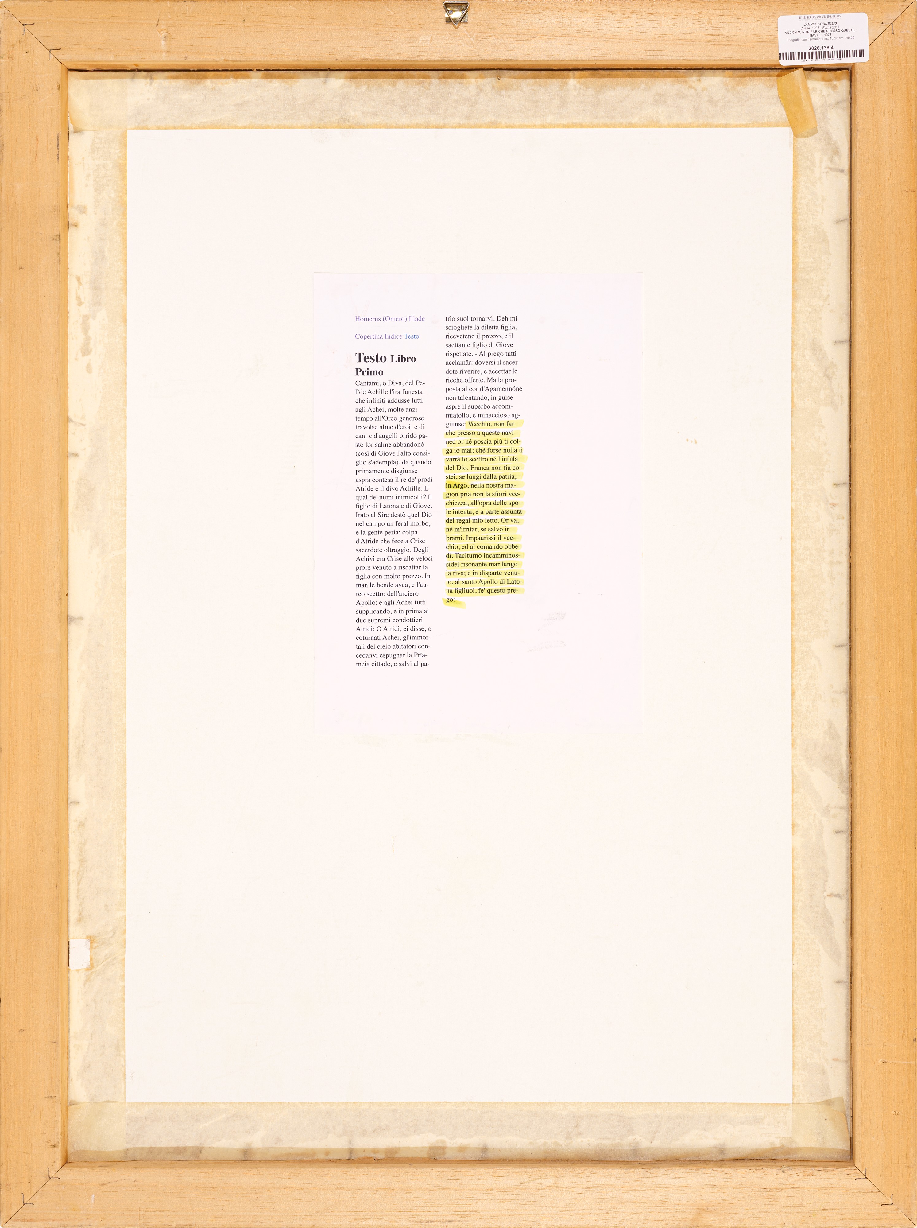 Jannis Kounellis - Vecchio, non far che presso queste navi...... (litografia con fiammifero, tira...