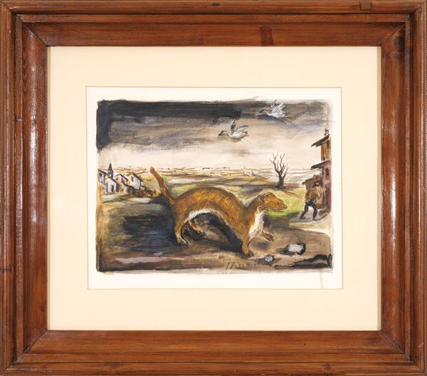 LUIGI ZUCCHERI - Weasel in landscape with herons in flight