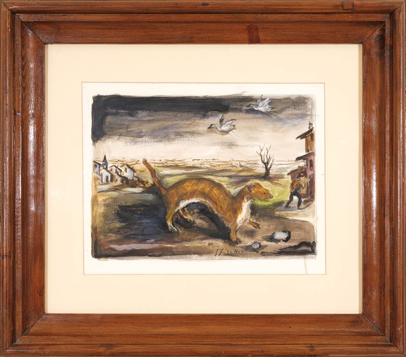 Luigi Zuccheri - Donnola in paesaggio con aironi in volo