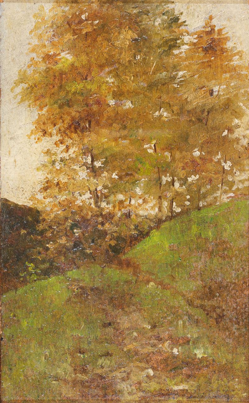 Pietro Fragiacomo - Paesaggio di montagna, olio su cartone