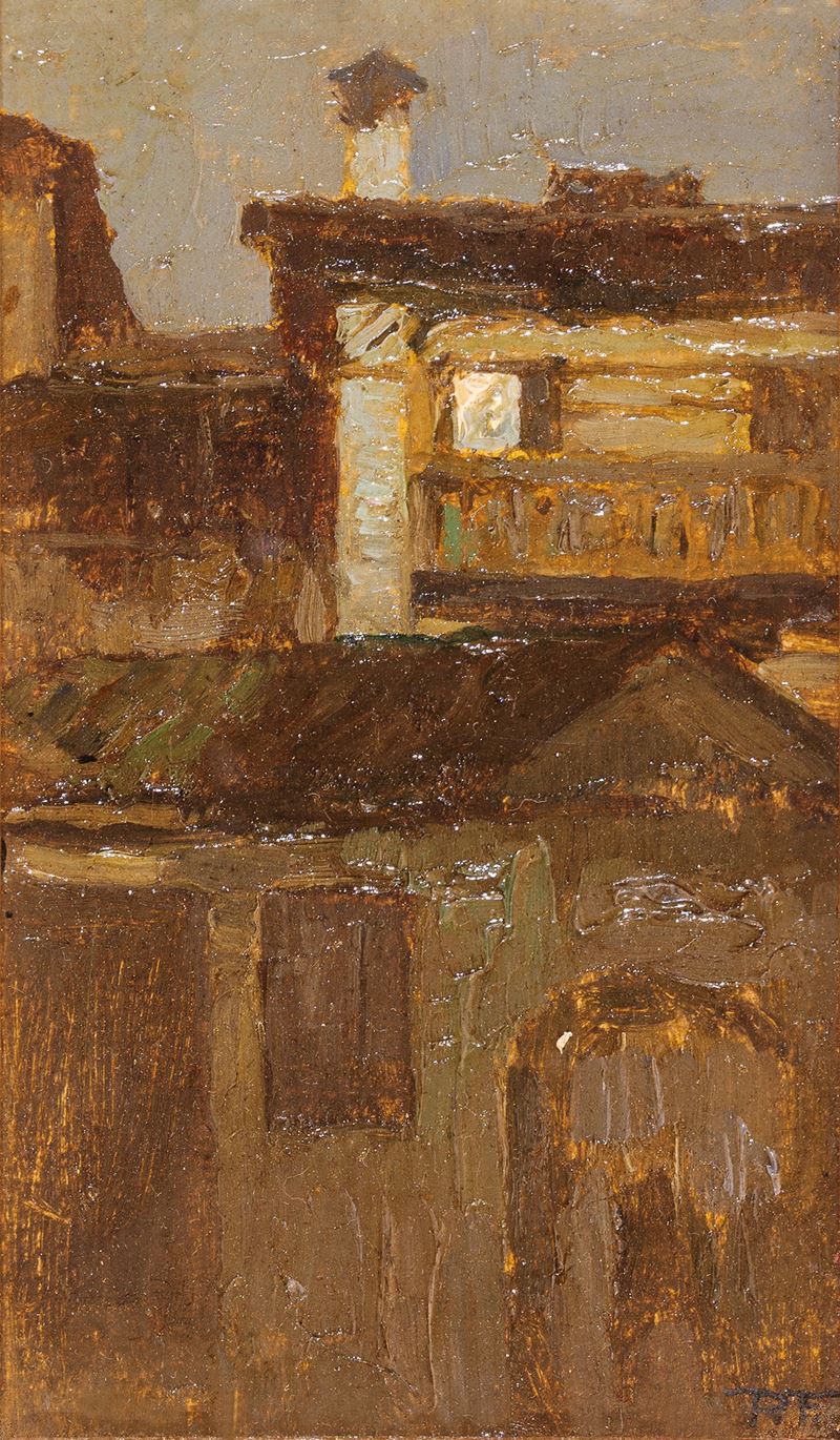 Pietro Fragiacomo - Case di notte, olio su tavola