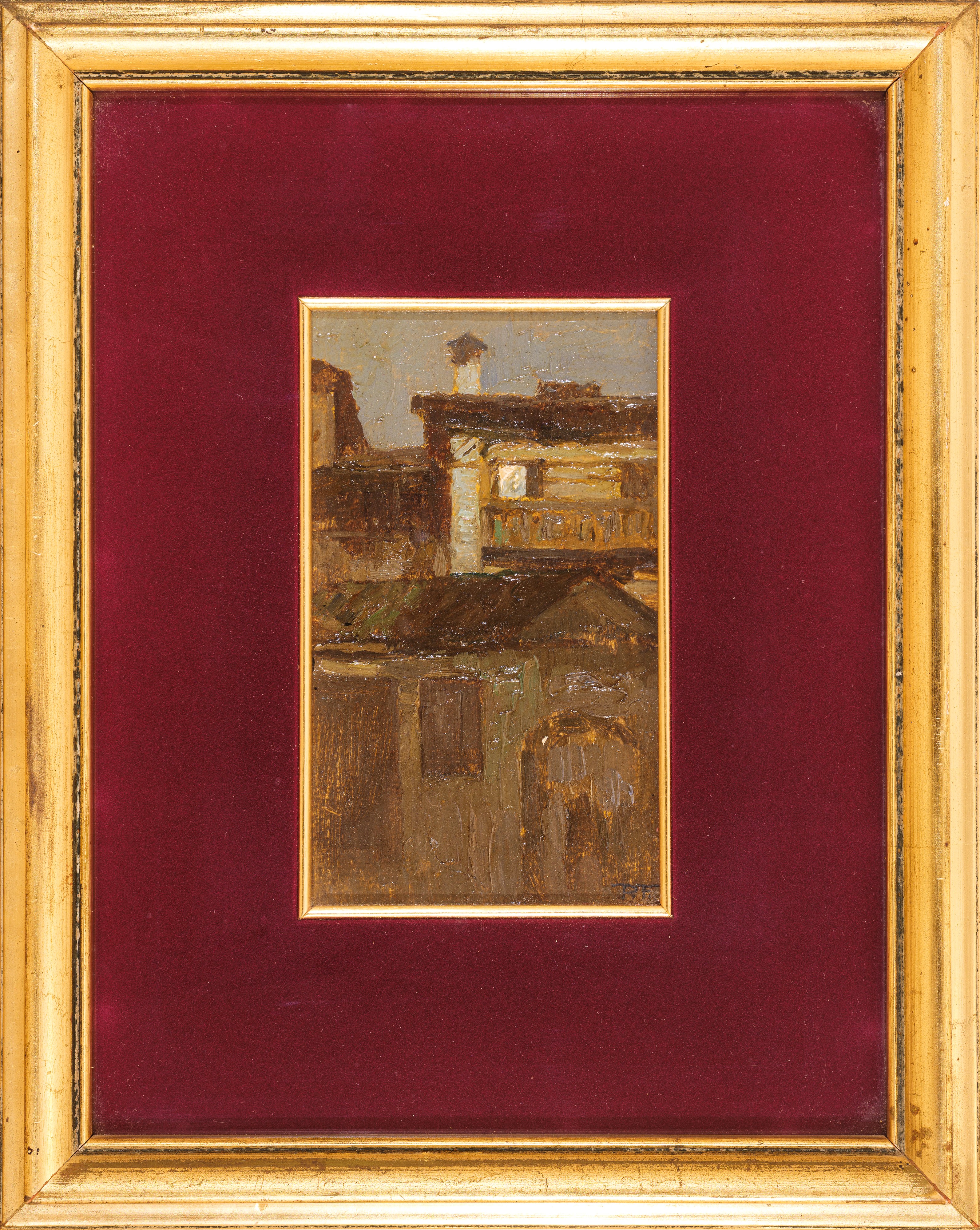 Pietro Fragiacomo - Case di notte, olio su tavola