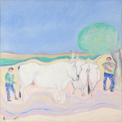 Tre buoi e un mandriano, olio su tela (1969)