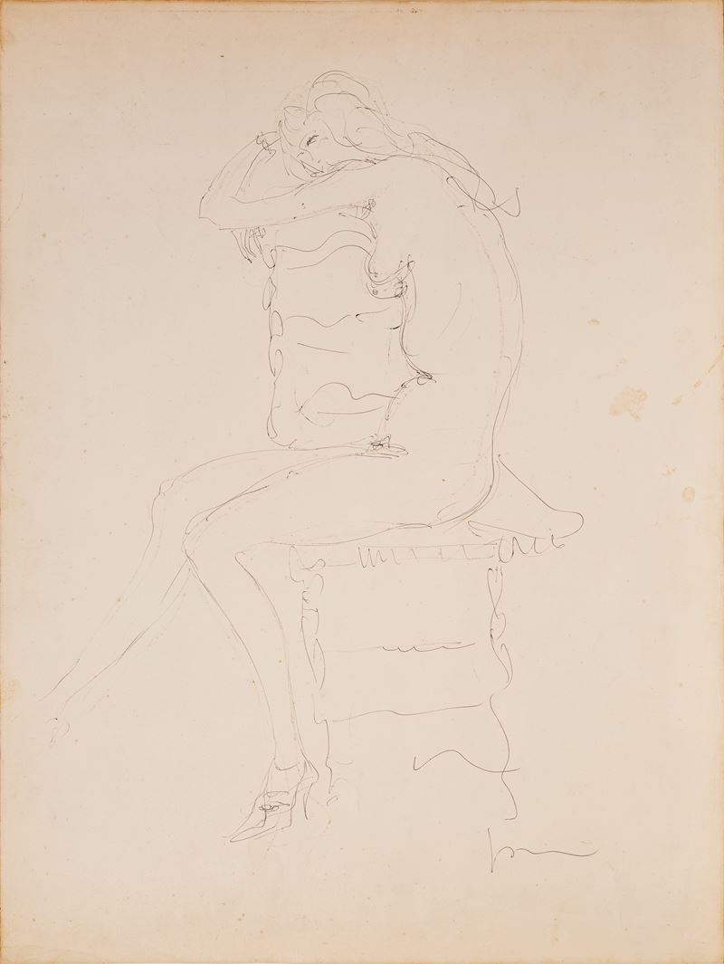 Lucio Fontana - Nudo femminile (disegno a penna a sfera nera su carta)