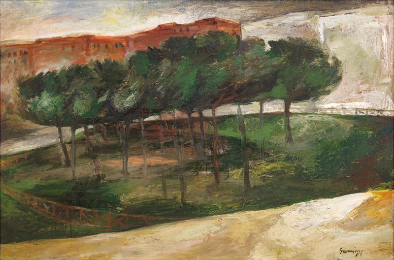 Piero Guccione - Paesaggio, olio su faesite (1957)