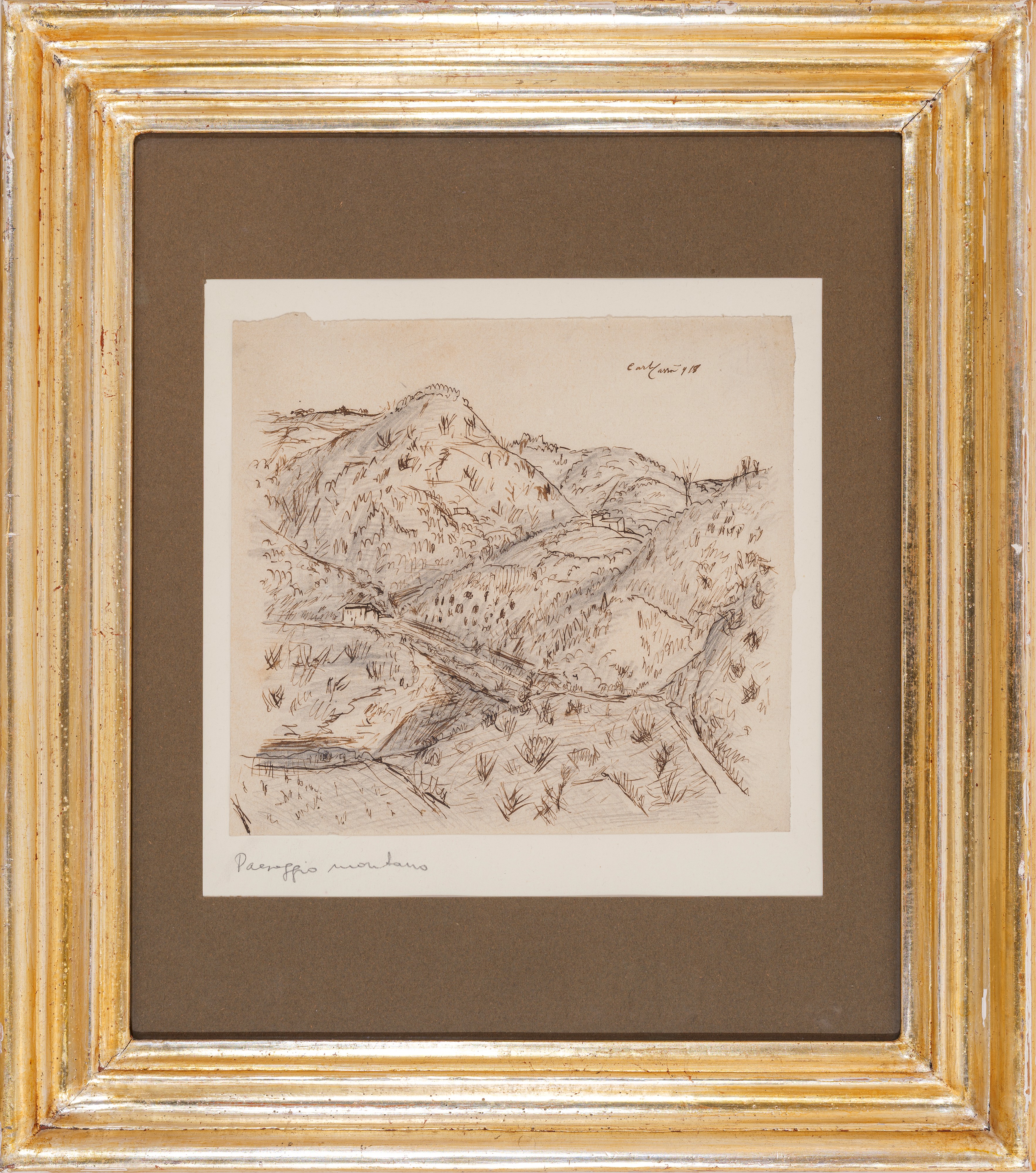 Carlo Carra' - Carlo Carrà, Paesaggio montano (disegno ad inchiostro e matita su carta), 1918